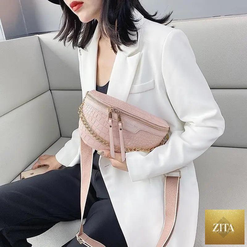 Stevvex retro waist bag in PU leather with gold chain strap, stylish fanny pack and multifunctional belt bag for women.