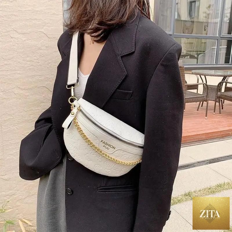 Stevvex retro PU leather waist bag with gold chain strap, stylish fanny pack and multifunctional belt bag for women.