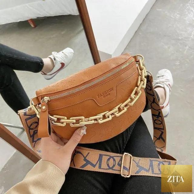 Stevvex retro PU leather waist bag with gold chain strap, stylish multifunctional fanny pack for women, chest or belt bag.