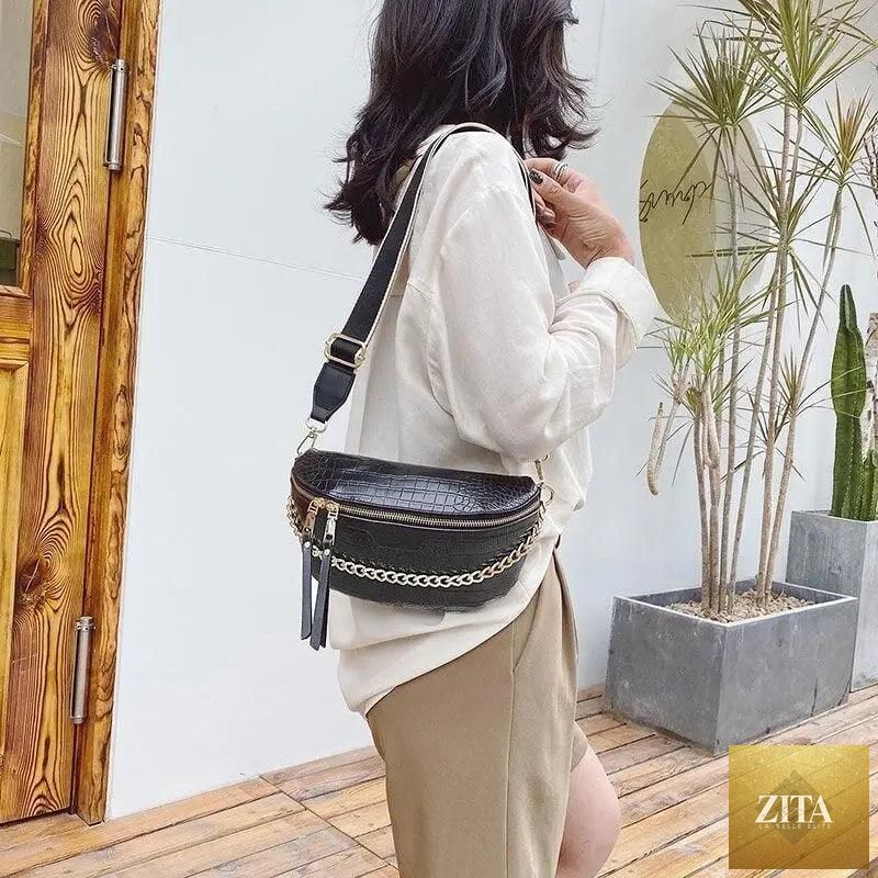 Stylish Stevvex retro waist bag made of PU leather with gold chain strap, multifunctional fanny pack for women, chest or belt bag