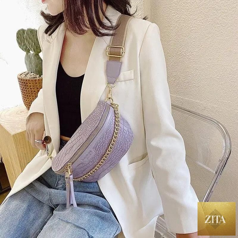 Stevvex retro PU leather waist bag with gold chain strap, stylish fanny pack and multifunctional chest belt bag for women.