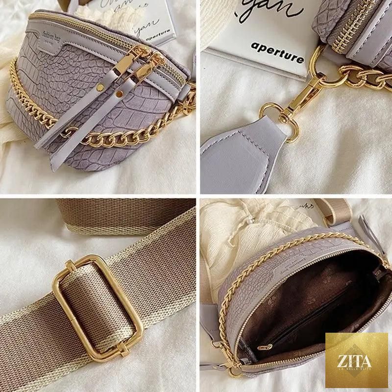 Retro PU leather waist bag with gold chain strap, stylish multifunctional fanny pack for women, versatile belt and chest bag by Stevvex.