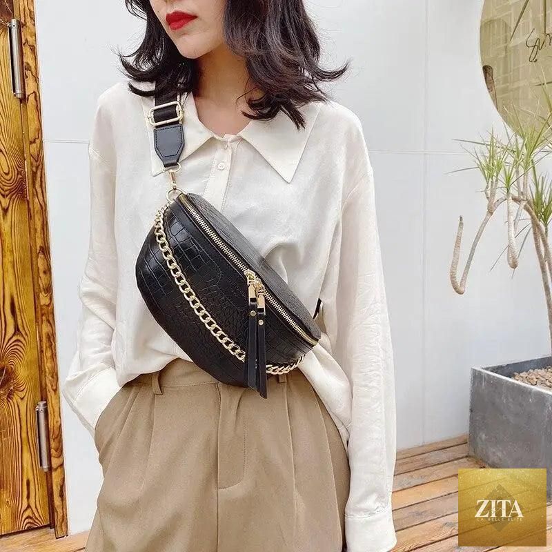 Stevvex retro PU leather waist bag with gold chain strap, stylish multifunctional fanny pack for women, chest and belt bag.