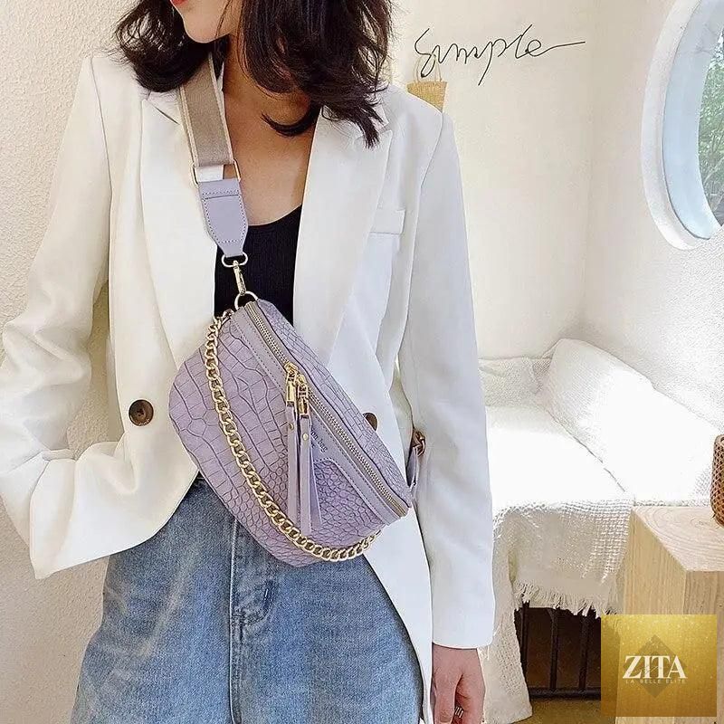 Stevvex retro PU leather waist bag with gold chain strap, stylish multifunctional fanny pack for women, chest or belt bag.