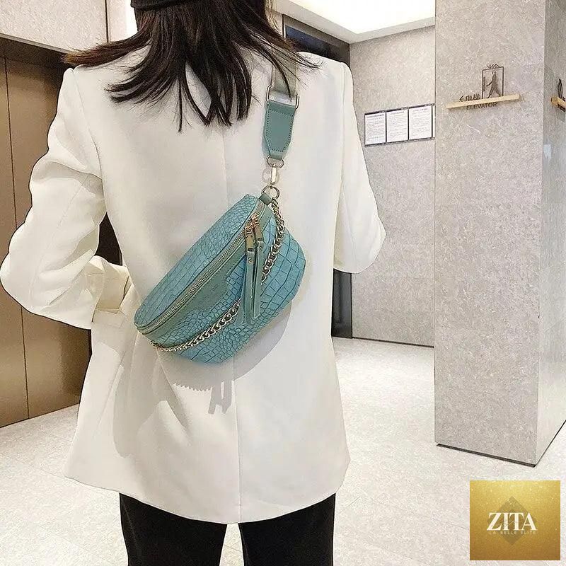 Stevvex retro PU leather waist bag with gold chain strap, stylish multifunctional fanny pack for women, chest or belt bag.