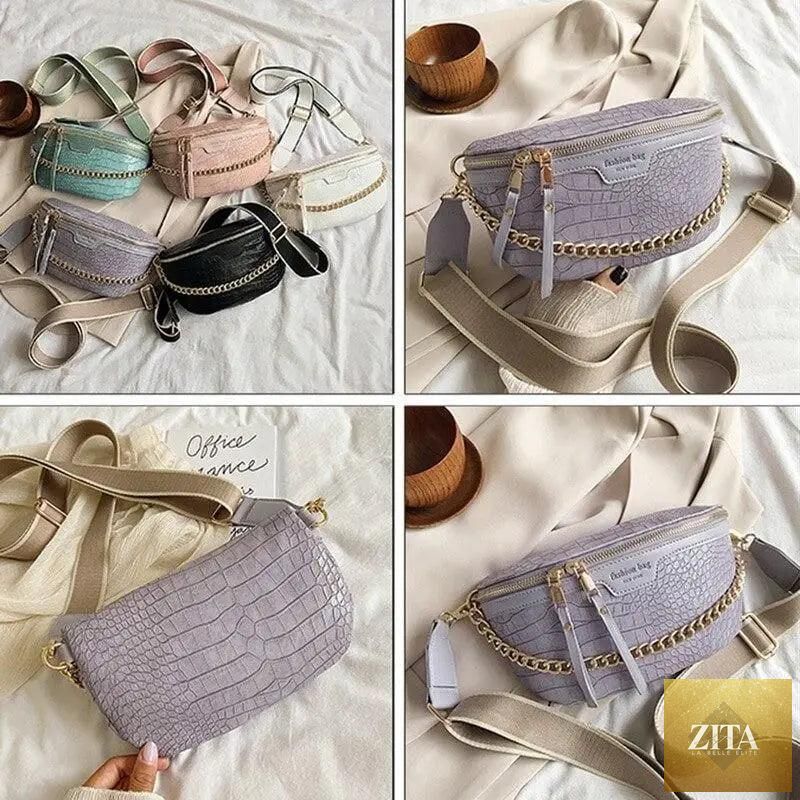 Stevvex retro PU leather waist bag with gold chain strap, stylish fanny pack and multifunctional belt chest bag for women.