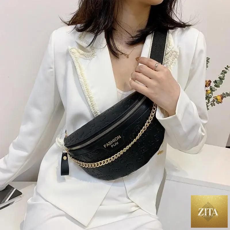 Stevvex retro PU leather waist bag with gold chain strap, stylish multifunctional fanny pack for women with belt and chest bag features.