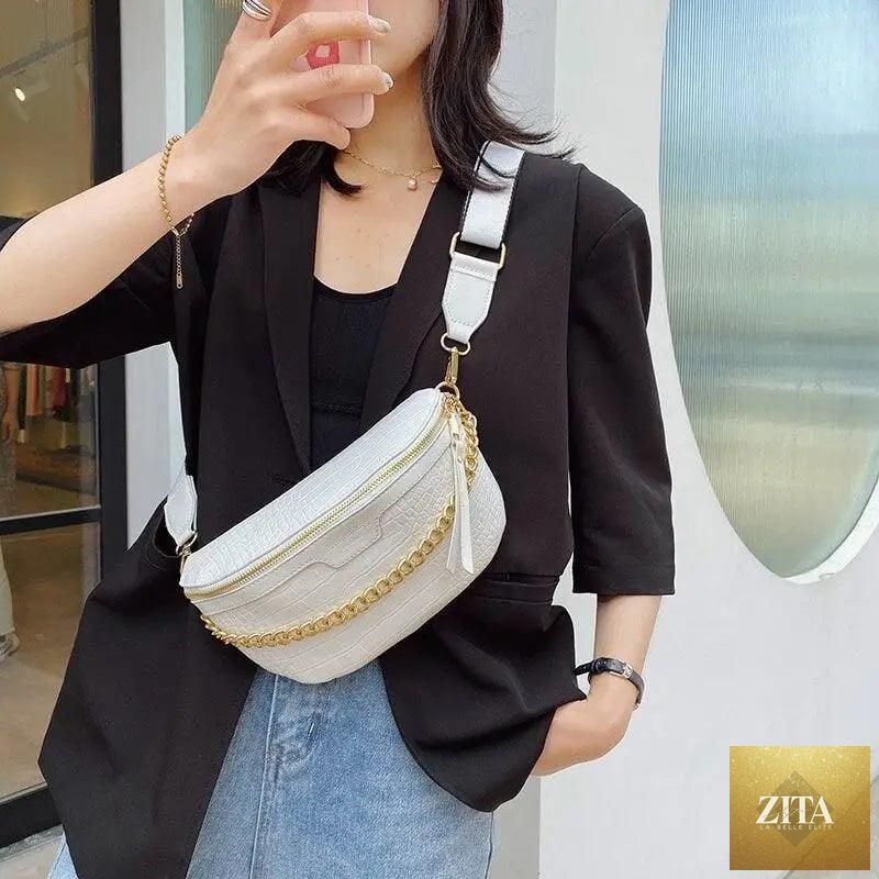 Stevvex retro PU leather waist bag with gold chain strap, stylish fanny pack and multifunctional chest belt bag for women.