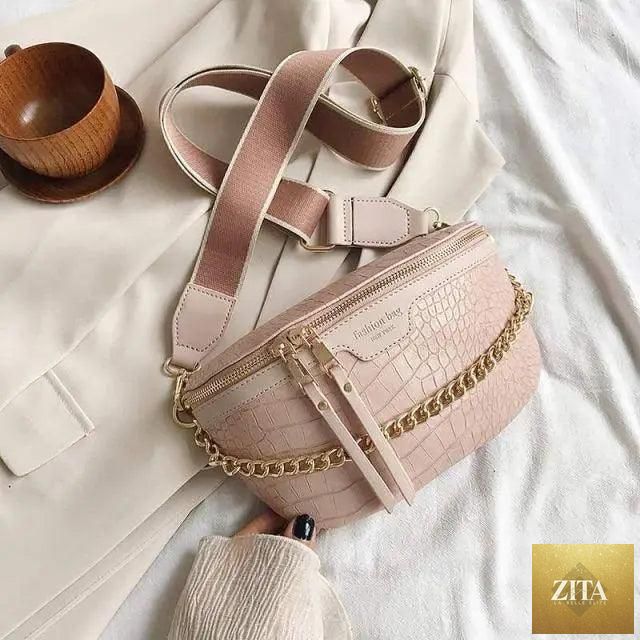 Stevvex retro PU leather waist bag with gold chain strap, stylish fanny pack purse, multifunctional women belt chest bag.