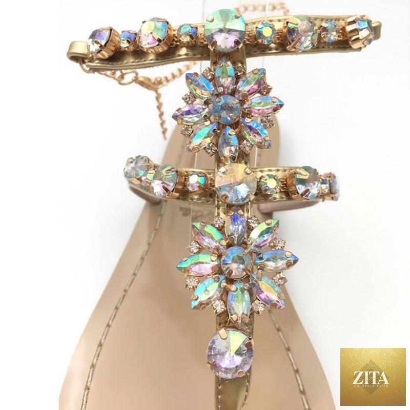 Stevvex rhinestone summer beach sandals for women with open toes, glittery crystals, flat slip-on design, perfect for casual or dressy wear.