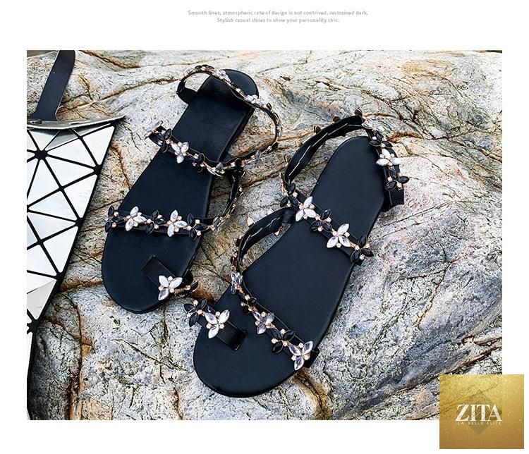 Stevvex rhinestone summer beach sandals for women, open-toe flat slippers with glitter and crystal accents, ideal for casual or dressy wear.