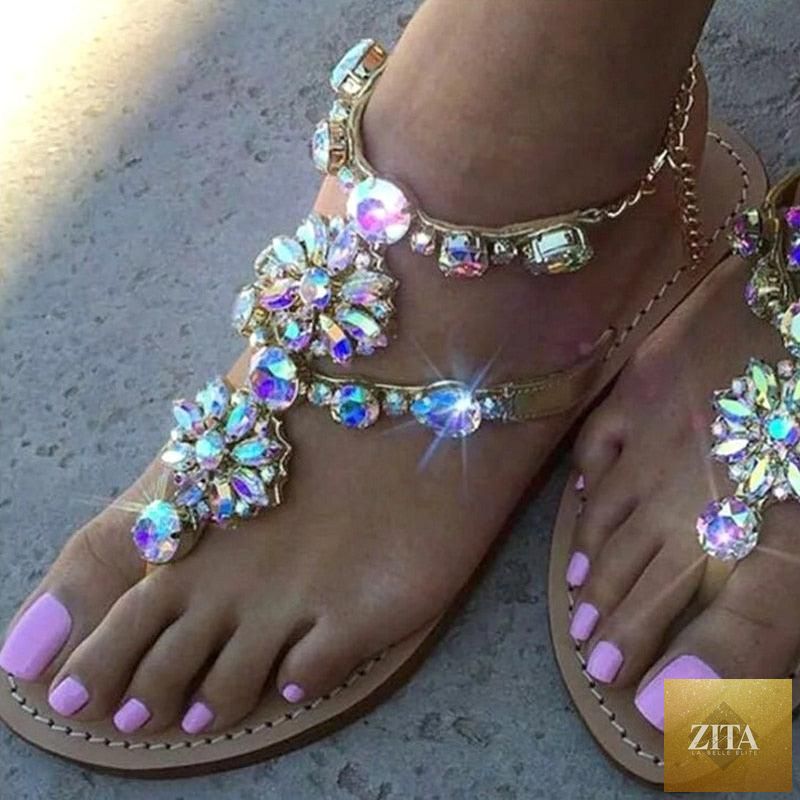 Stevvex rhinestone beach sandals for women, open-toe flat flip flops with glitter and crystal accents, perfect for summer travel and casual wear.