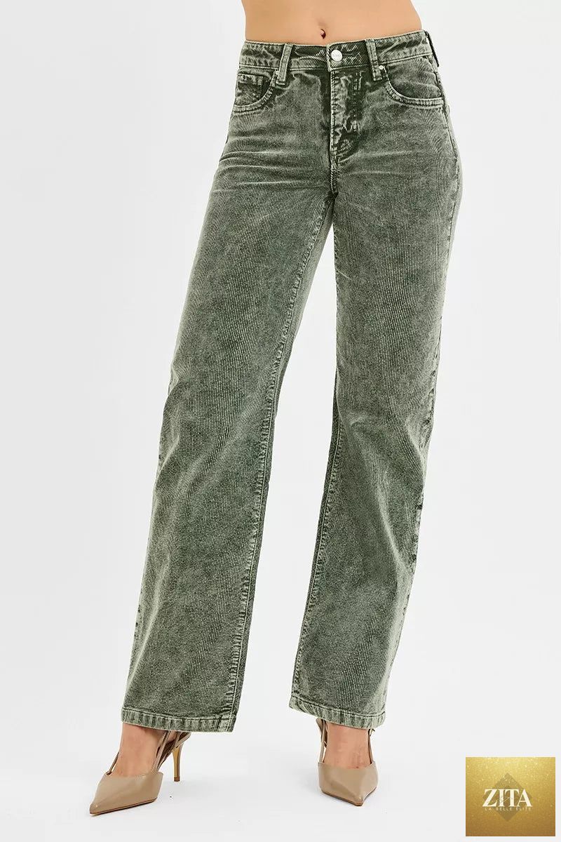 Blue Risen Tummy Control Mid Rise Straight Leg Corduroy Pants with front pockets and a smooth waistband.
