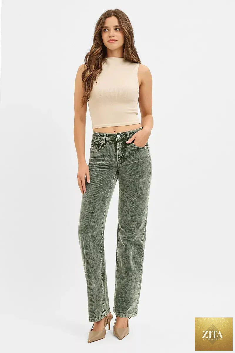 Blue Risen Tummy Control Mid Rise Straight Leg Corduroy Pants with front pockets and a sleek fit, shown on a model.
