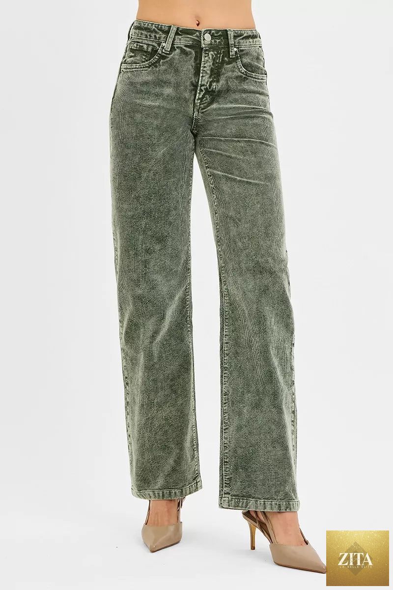 Risen Tummy Control Mid Rise Straight Leg Corduroy Pants in deep brown, featuring a fitted waistband and classic corduroy texture.