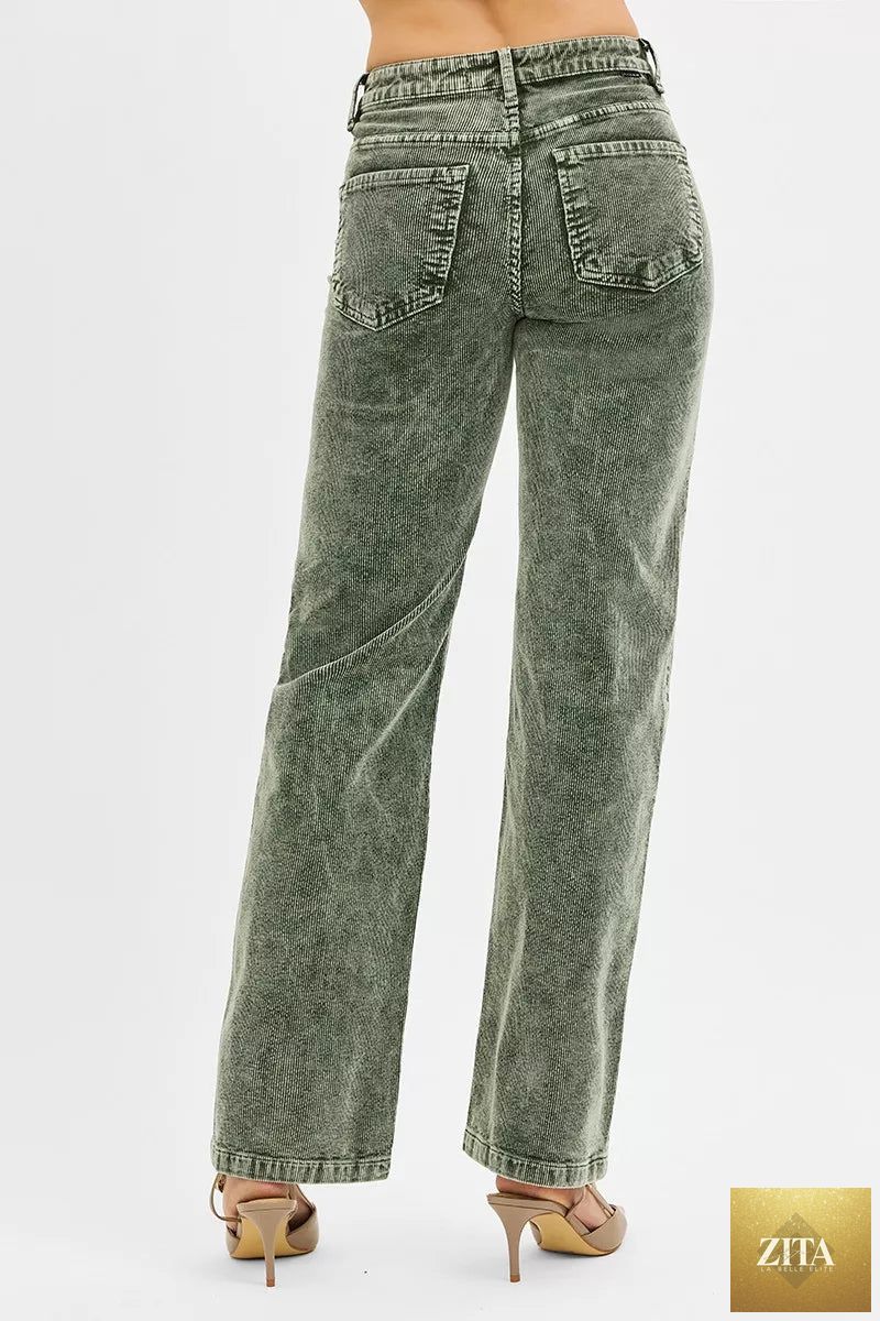 Blue Risen Tummy Control Mid Rise Straight Leg Corduroy Pants with classic corduroy texture and tailored fit.