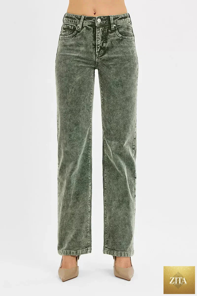 Blue Risen Tummy Control Mid-Rise Straight Leg Corduroy Pants by Blu Lotus Boutique, showing the fitted waistband and classic corduroy texture.