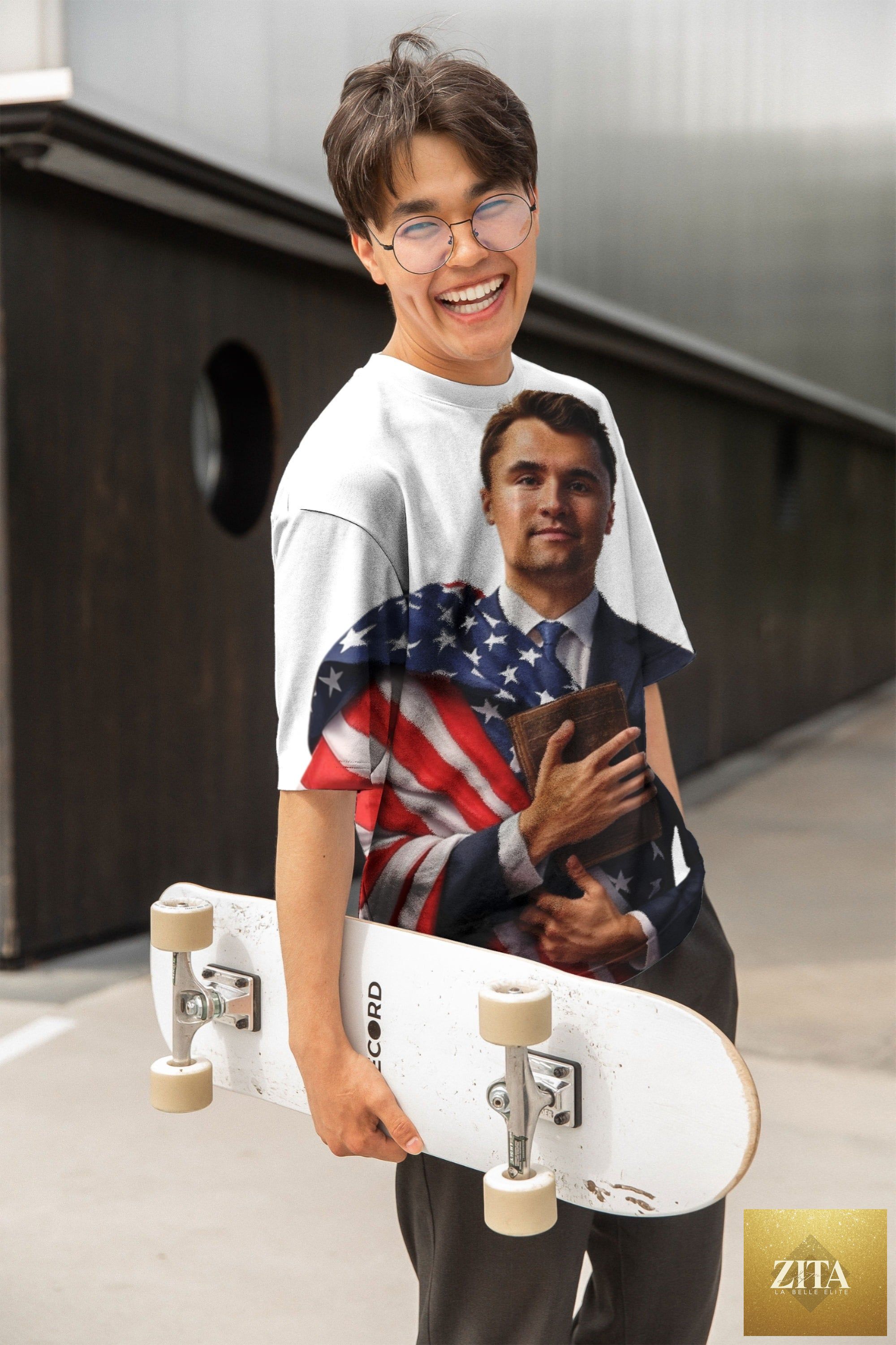Unisex Charlie Kirk T-Shirt by donjohnbyvictoriacharles featuring a casual fit and graphic design on soft fabric.