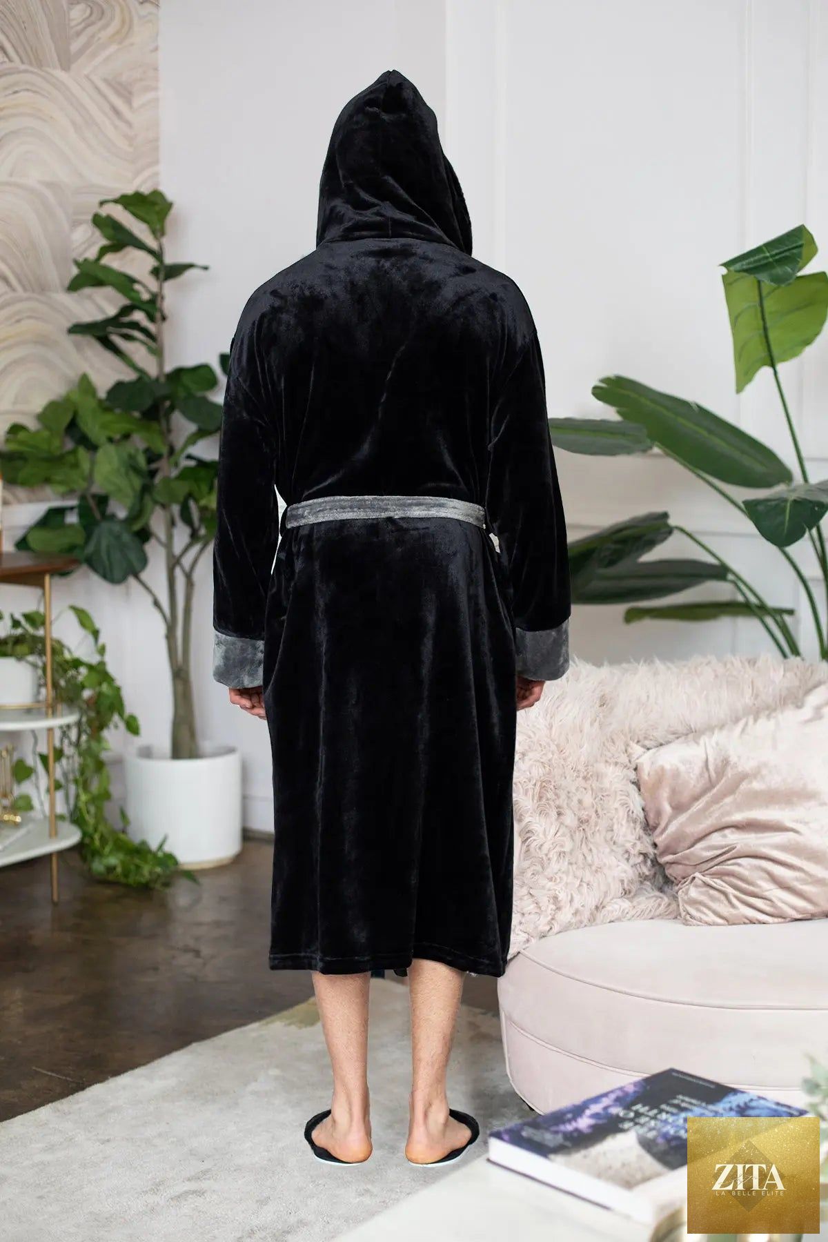 Lotus Linen men's hooded robe made of ultra-soft plush fabric, perfect for cozy everyday wear.