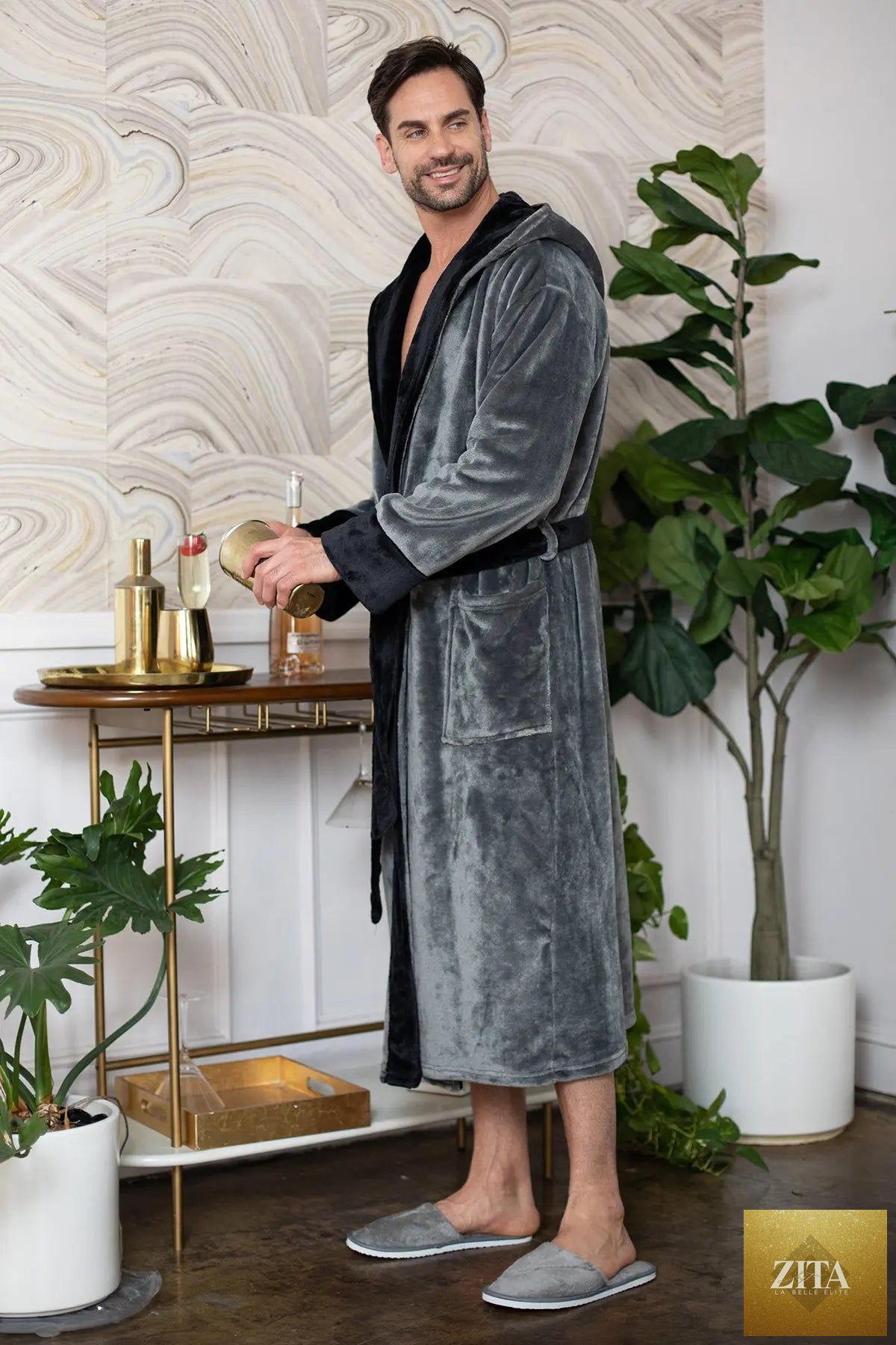 Men's plush hooded robe by Lotus Linen featuring ultra-soft fabric, cozy fit, perfect for relaxing at home.