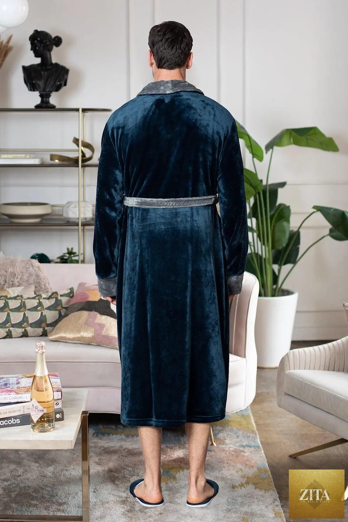 Soft black plush men's robe by Lotus Linen, featuring a cozy design and plush texture for comfortable wear.