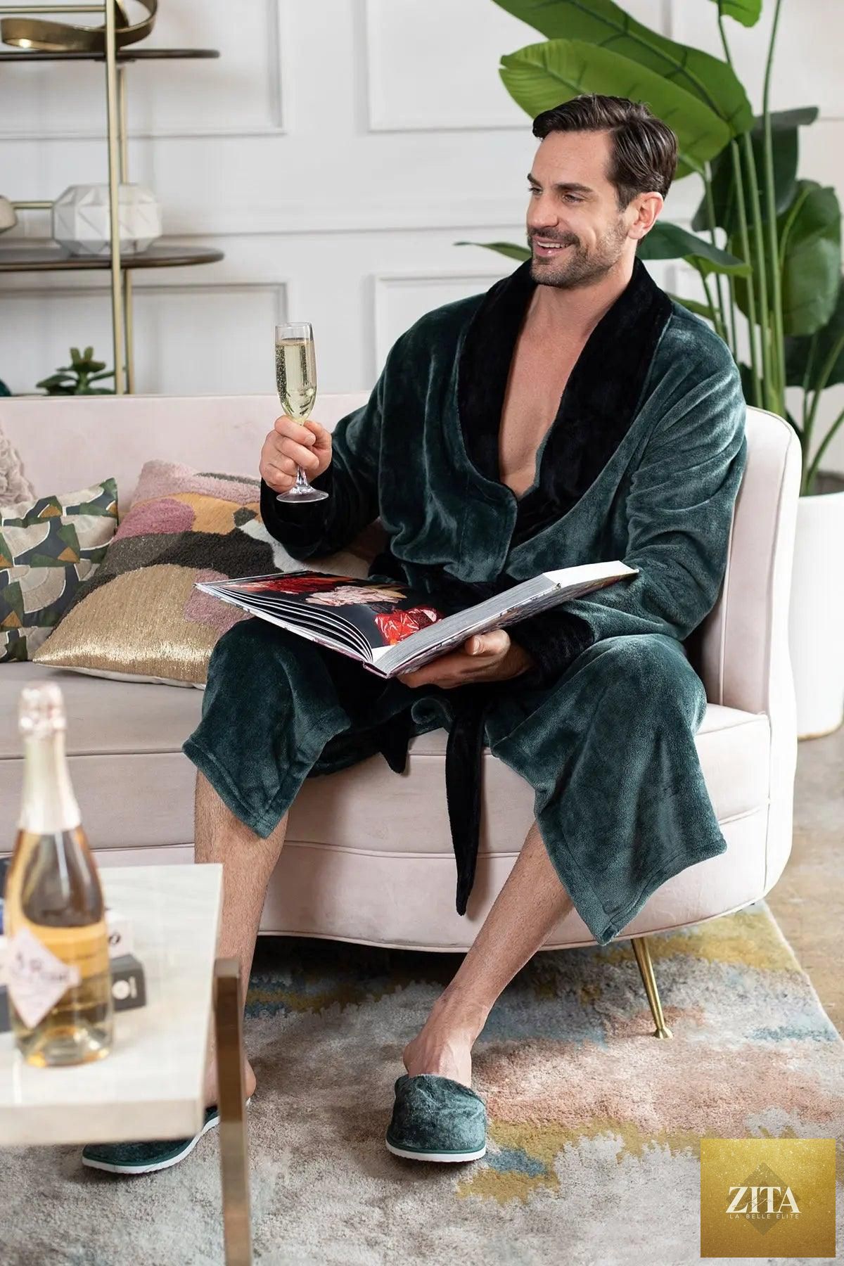 Soft plush men's robe from Lotus Linen featuring a cozy design and comfortable fit, perfect for relaxing at home.