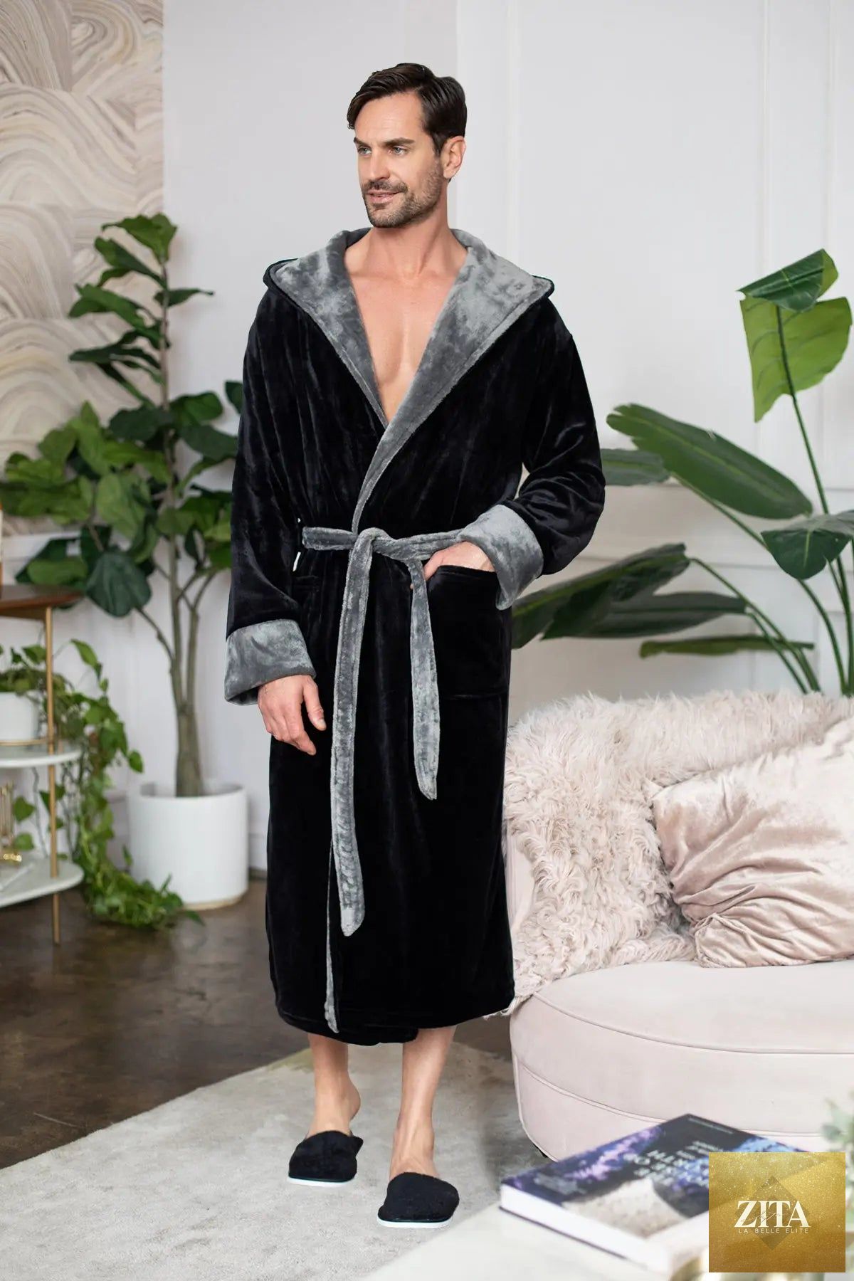 Luxurious men's hooded robe by Lotus Linen featuring ultra-soft plush fabric, shown in a cozy, relaxed fit.