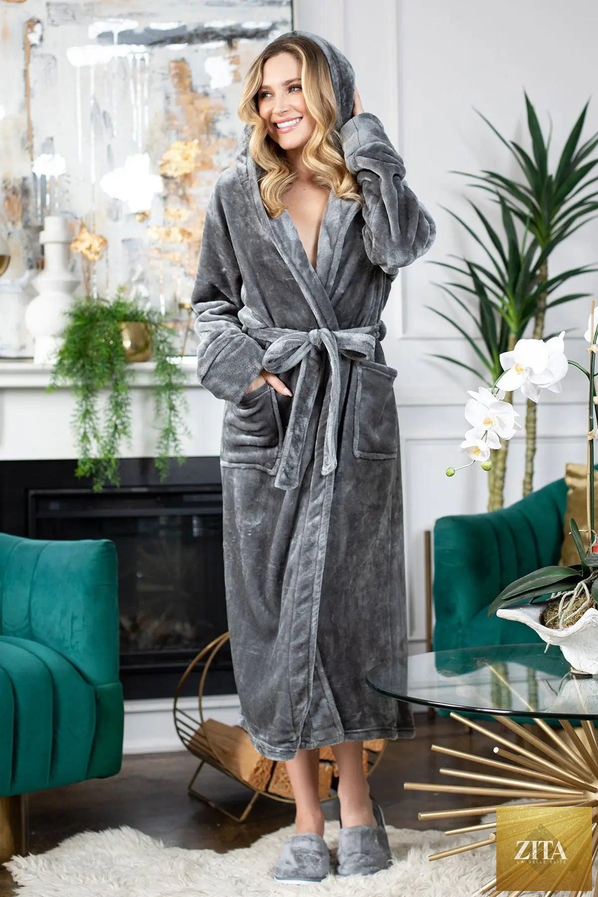 Women’s plush hooded robe by Lotus Linen featuring soft fabric and cozy design, perfect for relaxing at home.