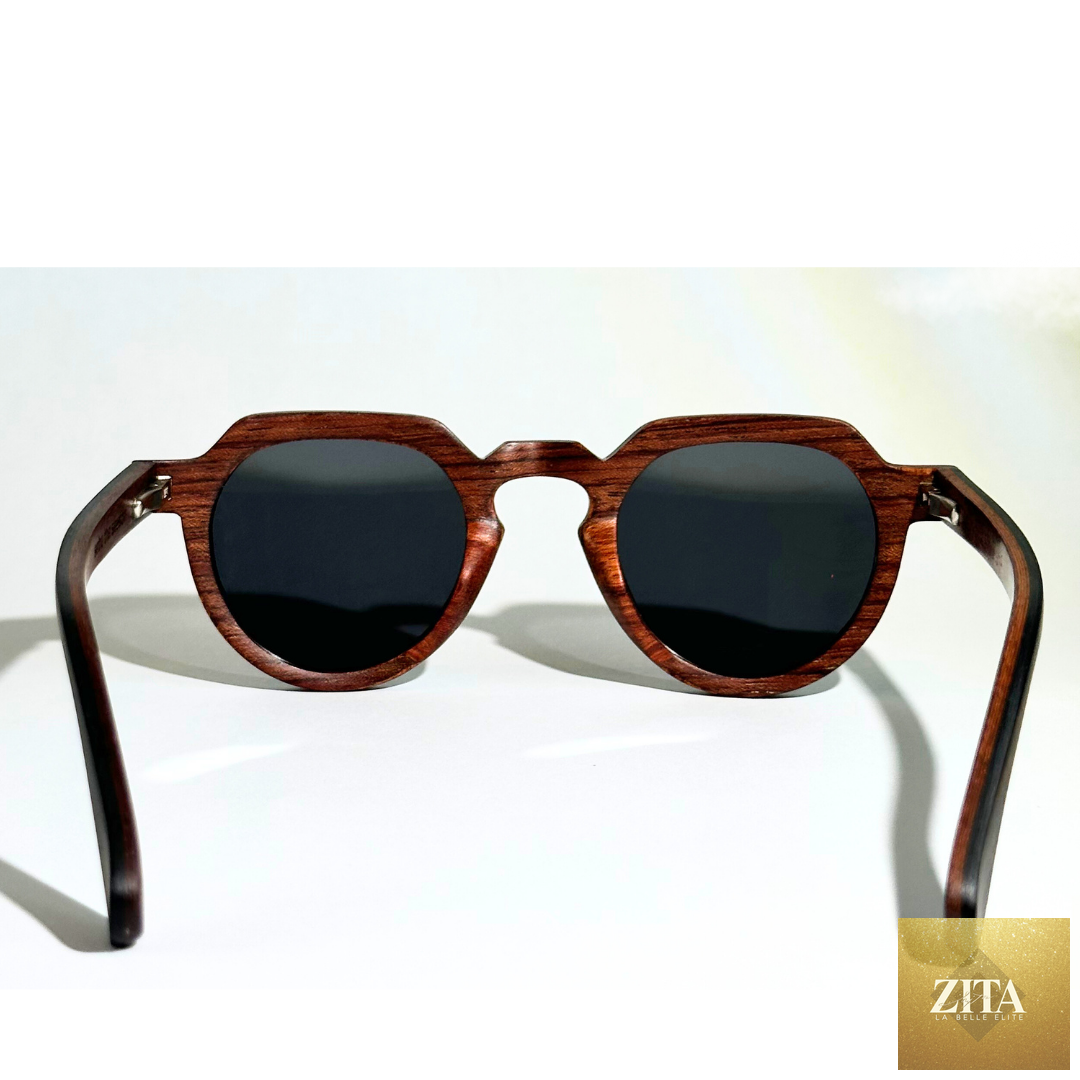 Rear view of Wallsburg Eastern Outer sunglasses featuring round frames with wood and carbon fiber accents.