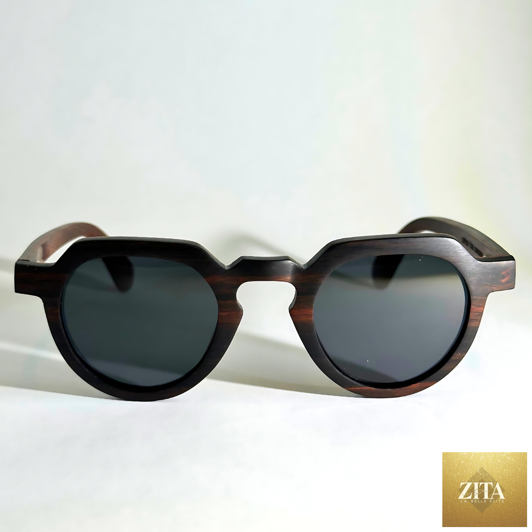 Eastern Outer Wallsburg sunglasses with round wood and carbon fiber frames, featuring sleek, modern design.