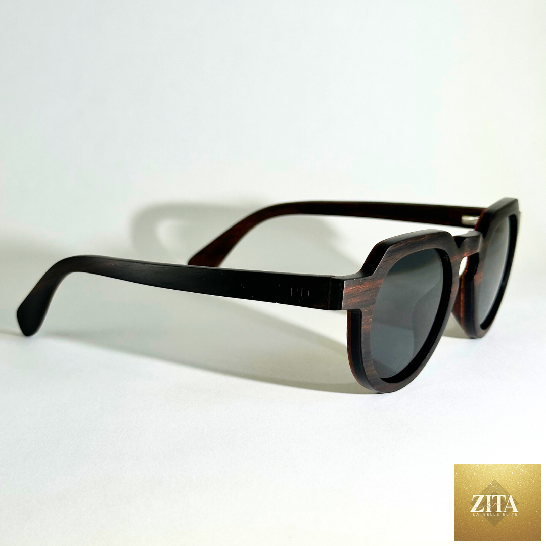 Eastern Outer Wallsburg sunglasses with round wood and carbon fiber frames, featuring sleek design and right-angle temples.