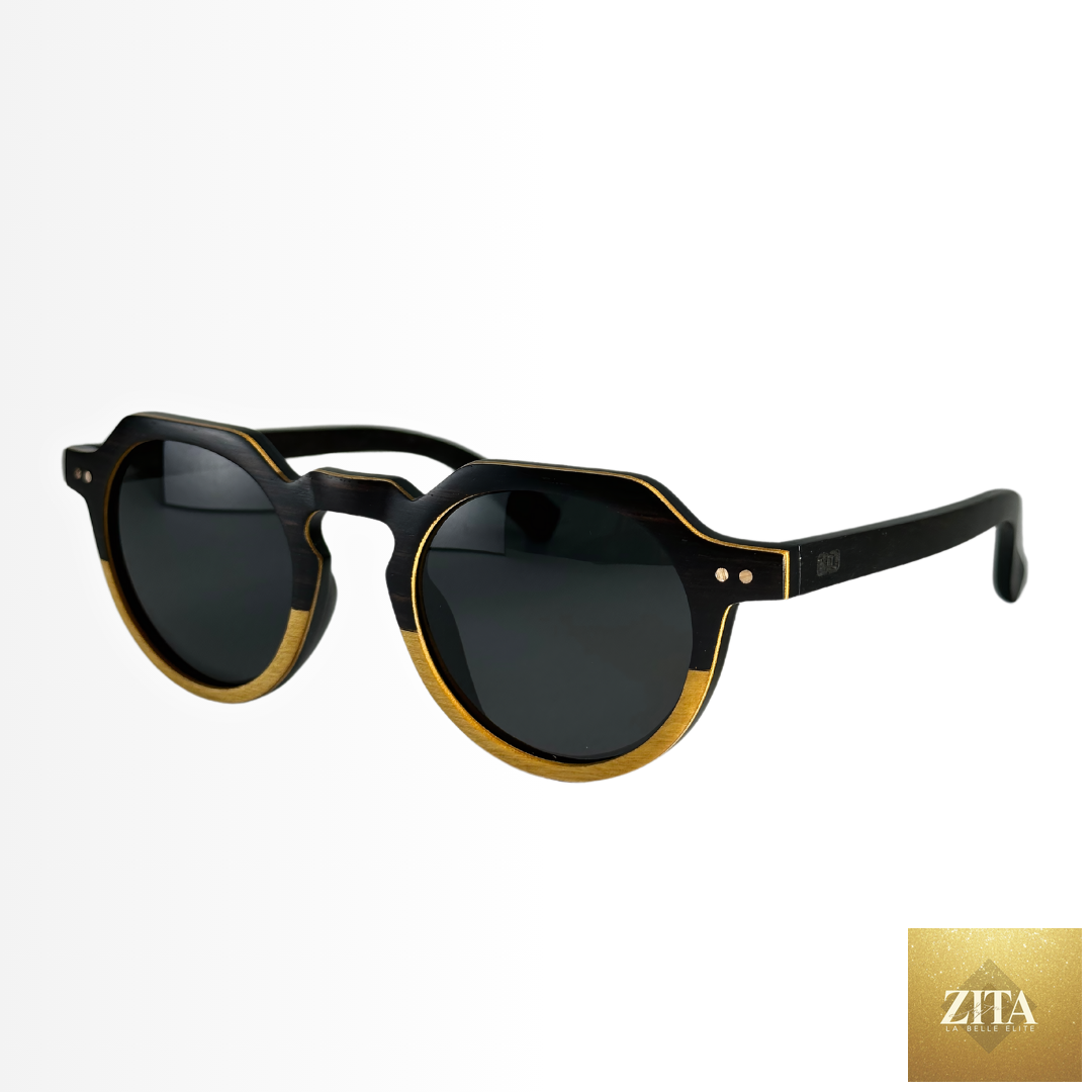Eastern Outer Wallsburg sunglasses with round yellow lenses, wood and carbon fiber frame, stylish and lightweight design.
