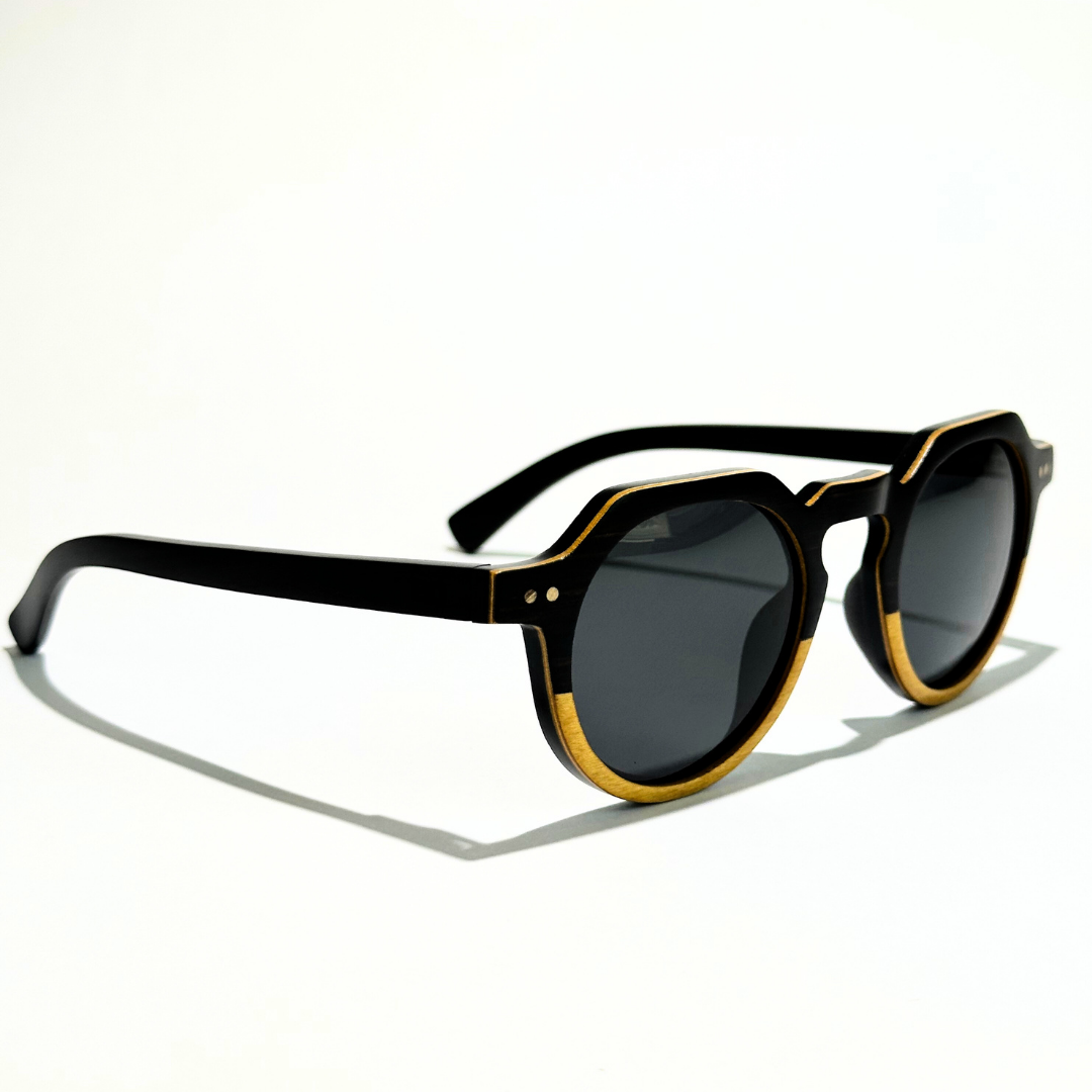 Eastern Outer Wallsburg sunglasses with round yellow lenses and wood and carbon fiber frames, stylish and lightweight eyewear