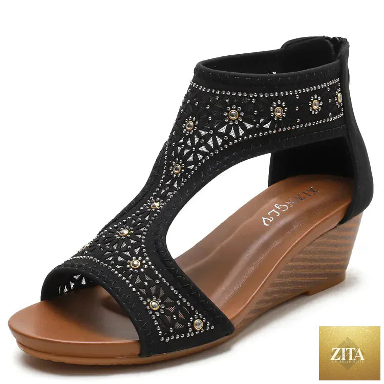 Bohemian women's summer wedge heel sandals with ankle straps and woven details, stylish and comfortable for warm weather wear.