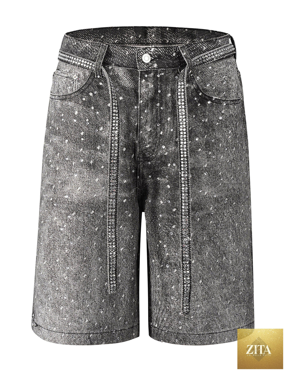 Black denim shorts with rhinestone embellishments from UNDEVELOPED's NOIR RHINESTONE SHORTS collection.