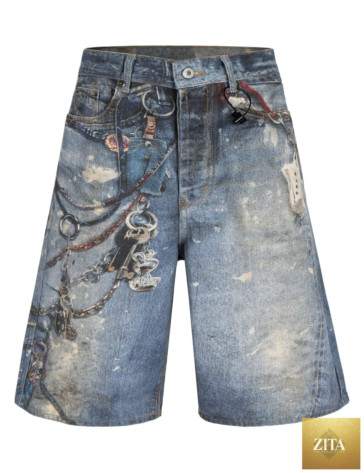 Pair of UNDEVELOPED locksmith denim shorts featuring a classic cut and distressed denim fabric, shown in a front view.