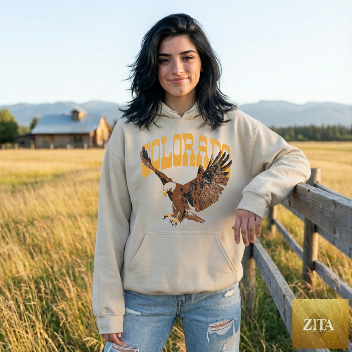 Colorado Eagle hoodie by Hey Jude Graphic Tees featuring western graphic design on a vintage Americana pullover.