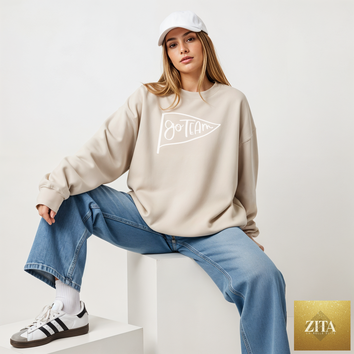 Zita La Belle Elite Go Team pennant crewneck sweatshirt in sand color, featuring team spirit design for game day wear.
