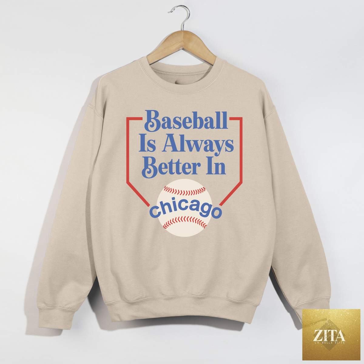 Sand-colored Chicago Baseball Season sweatshirt by Hey Jude Graphic Tees, featuring a baseball-themed graphic design.