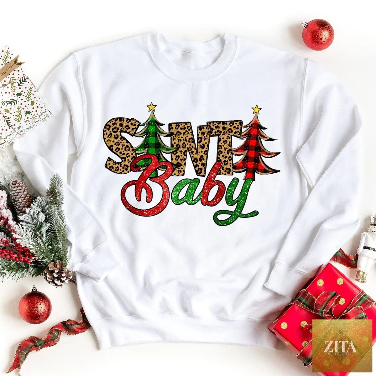 Red Santa Baby sweatshirt by Adorb Custom Tees featuring festive holiday design and comfortable sweatshirt fabric.