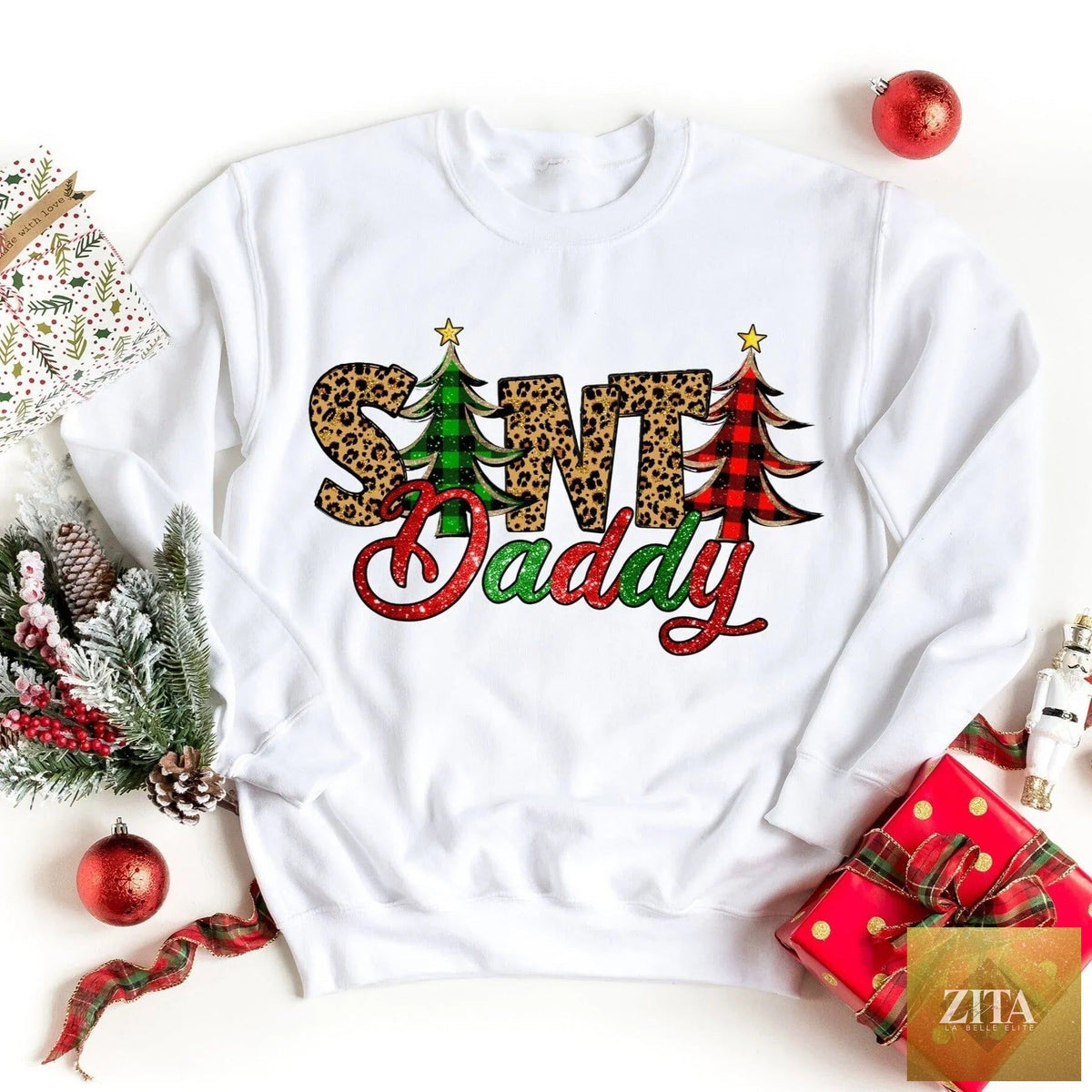 Red Santa Daddy sweatshirt from Adorb Custom Tees featuring a festive holiday design on a cozy cotton sweatshirt.