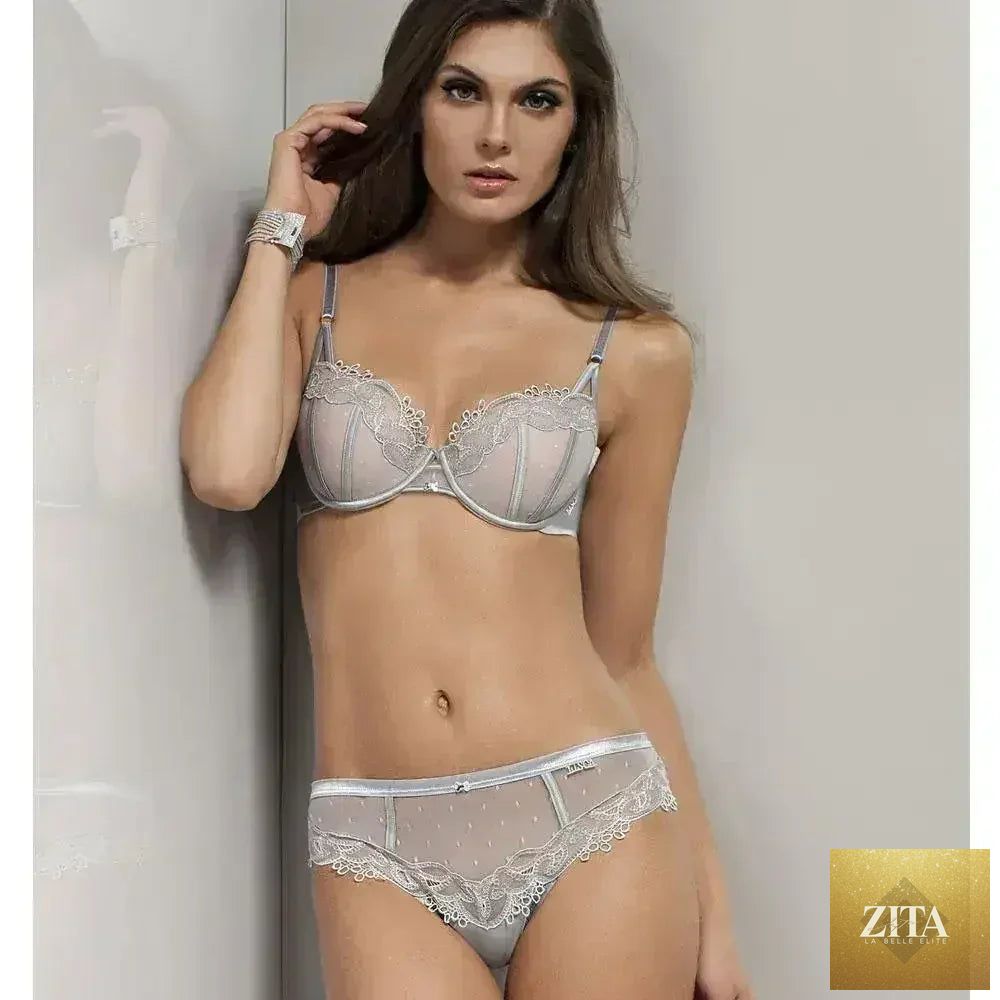 Femstylo Lisca Emotion bra with polka dot tulle, Swarovski crystals, sheer lace, and foam cups, stylish lingerie and underwear.