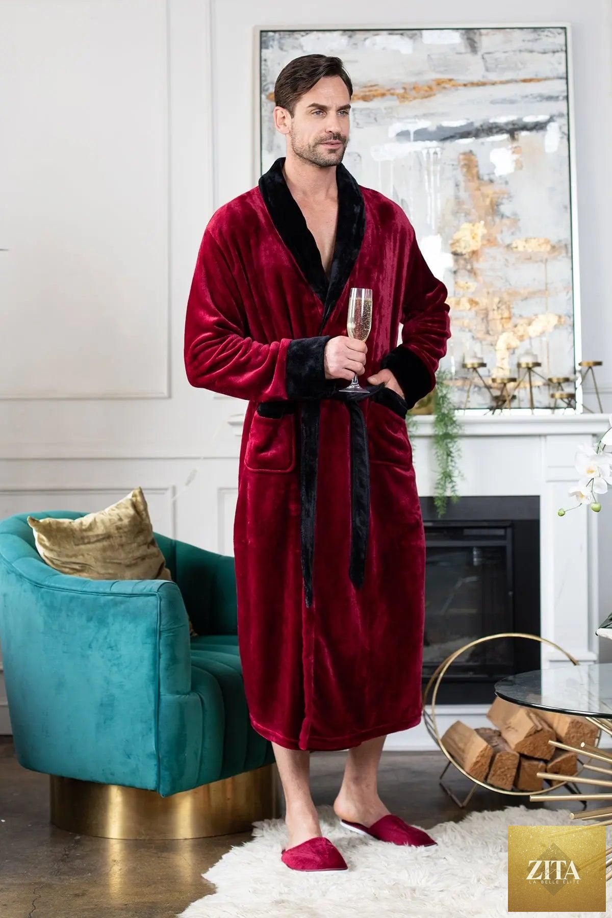 Lotus Linen cozy men's plush robe, soft and warm with a relaxed fit, perfect for comfortable lounging and staying warm.