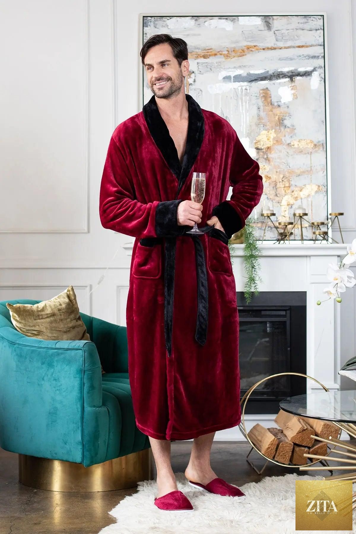 Soft plush men's shawl robe by Lotus Linen, featuring a cozy design with a relaxed fit and warm fabric for comfort.