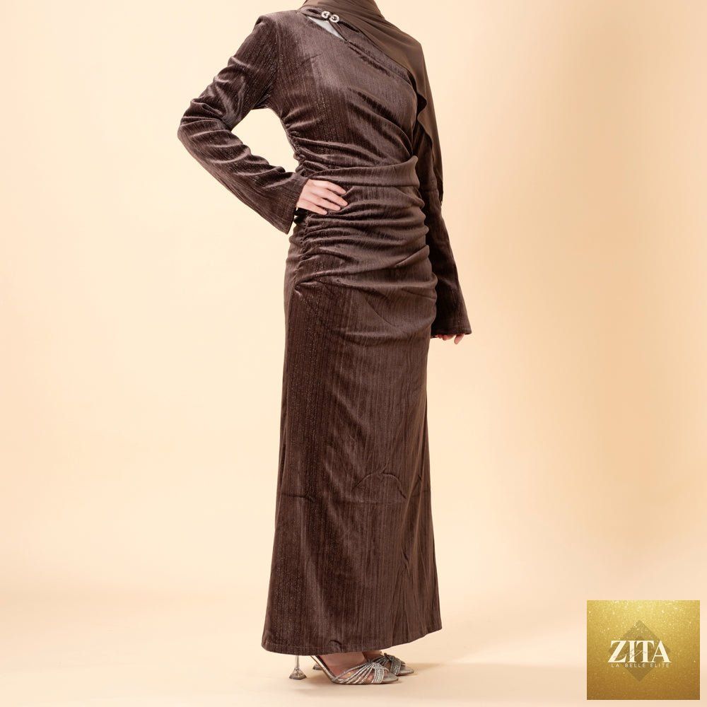 Shimmer velvet ruched mermaid gown by Mariam's Collection featuring elegant draping and a fitted silhouette.