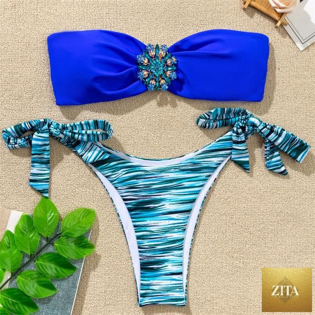 Shiny rhinestone strapless bikini set for women, two-piece diamond design, luxury swimwear with bra-style top and matching bottom.