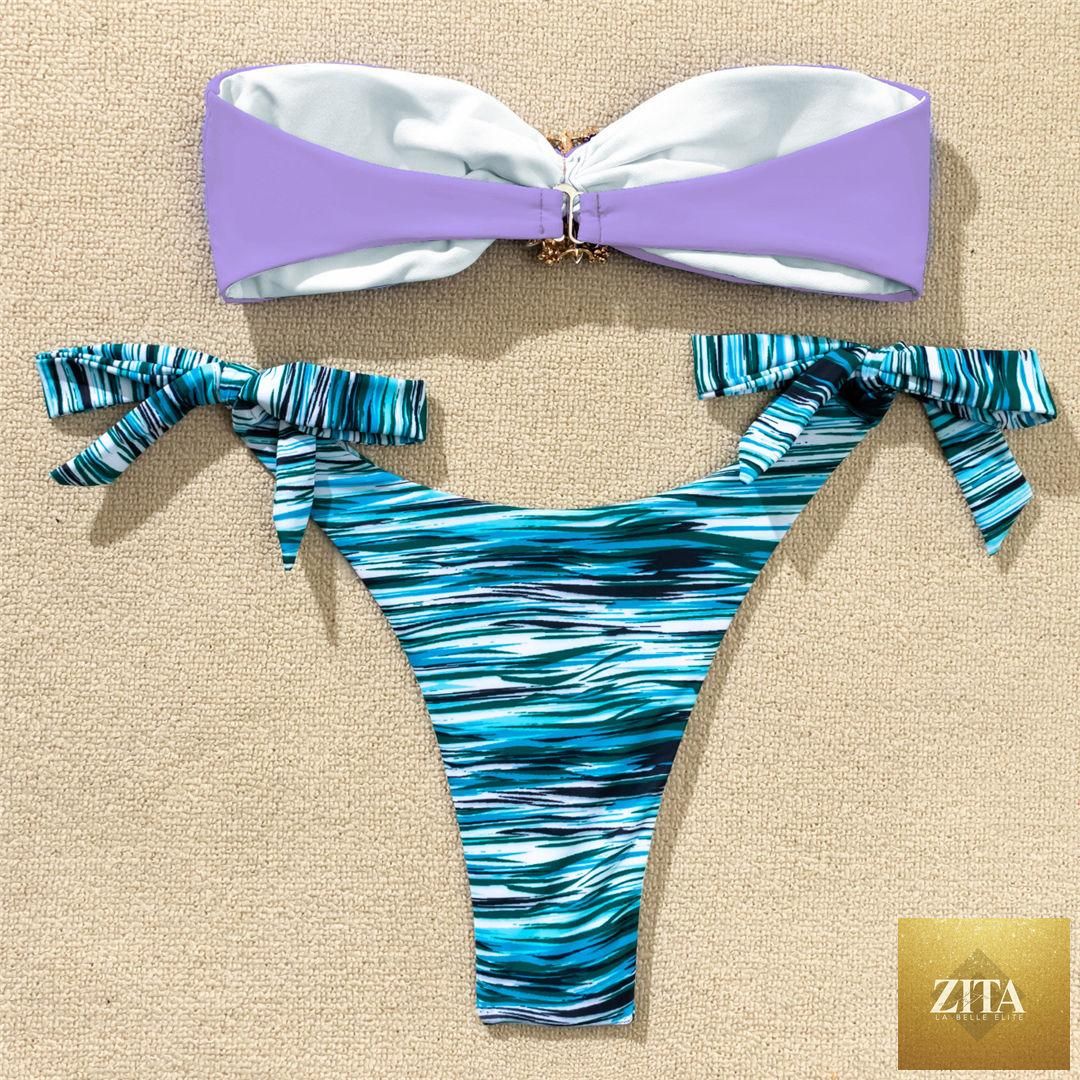 Shiny rhinestone strapless bikini set for women, two-piece diamond swimsuit with bra top and matching bottoms, luxury swimwear.