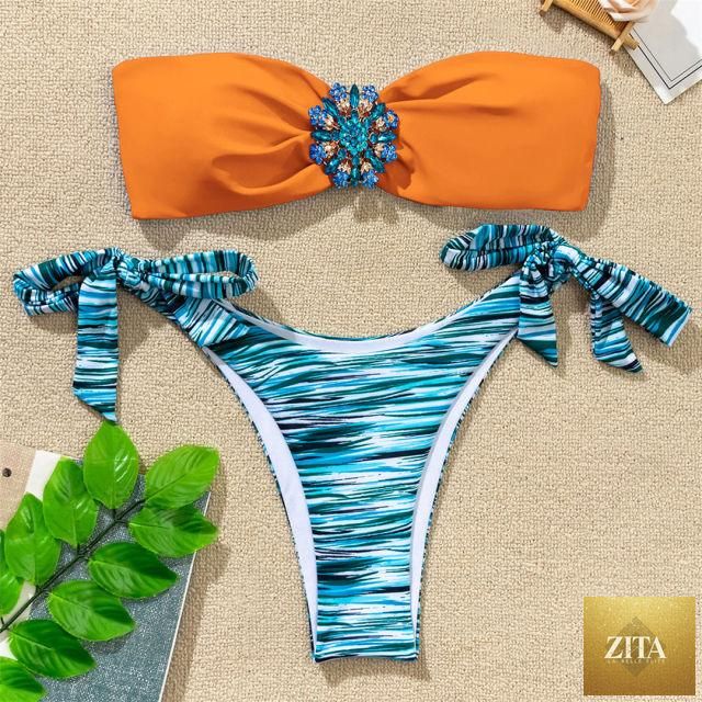 Shiny rhinestone strapless bikini set with two-piece diamond design, featuring a bikini top and bottom, perfect for stylish swimwear.