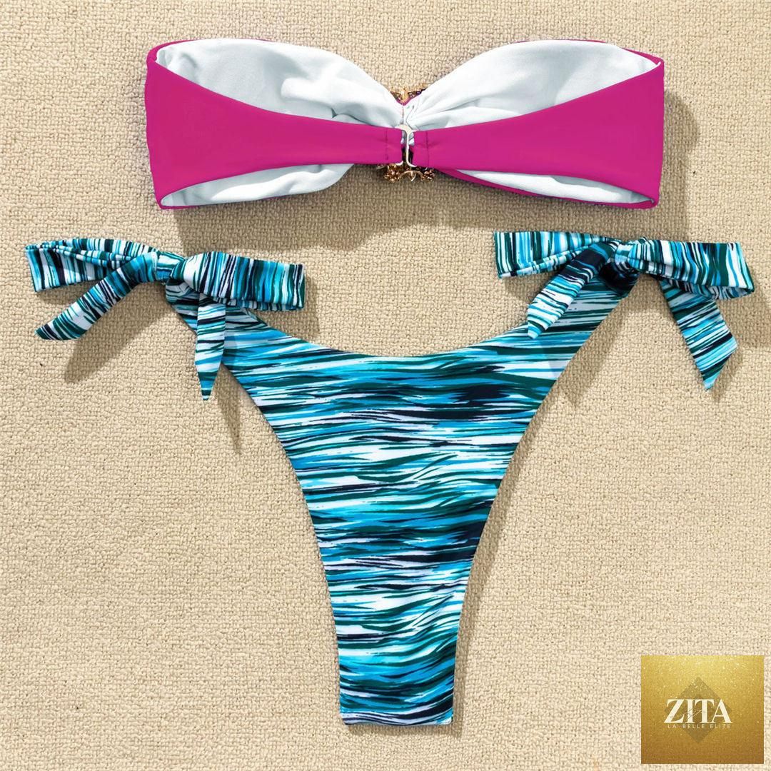 Shiny rhinestone strapless bikini set for women with diamond embellishments, two-piece luxury swimwear, bra top and matching bottoms.
