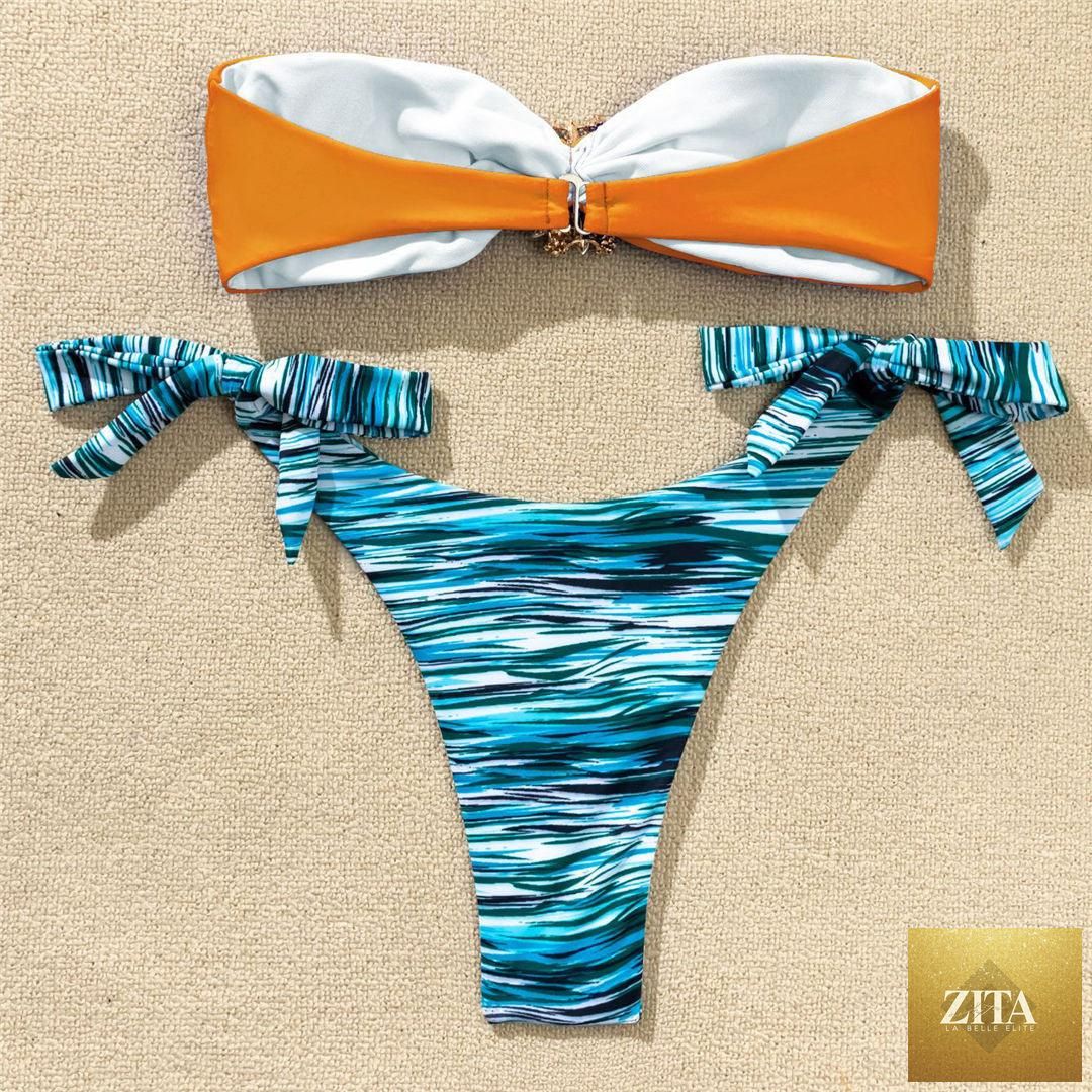 Shiny rhinestone strapless bikini set for women with diamond embellishments, two-piece luxury swimwear, ideal for beach and pool.